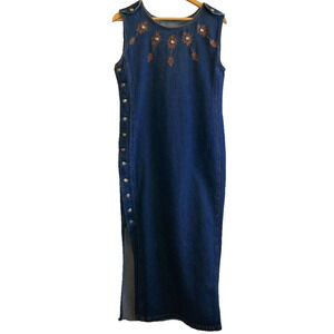 Vintage Molato Denim Maxi Dress Sleeveless Jean Embroidered Jeweled S/M